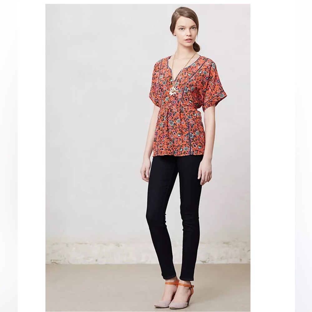 Maeve Maes Silk Kimono tie back floral pattern cuff sleeve top size XS